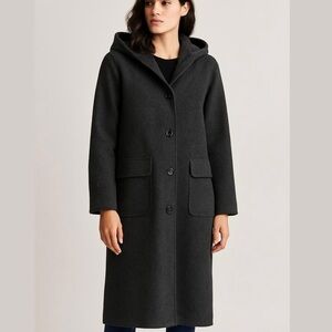 VTG EDDIE BAUER Charcoal Gray LONG Wool Coat Hood Button Up Front Lined Petite L
